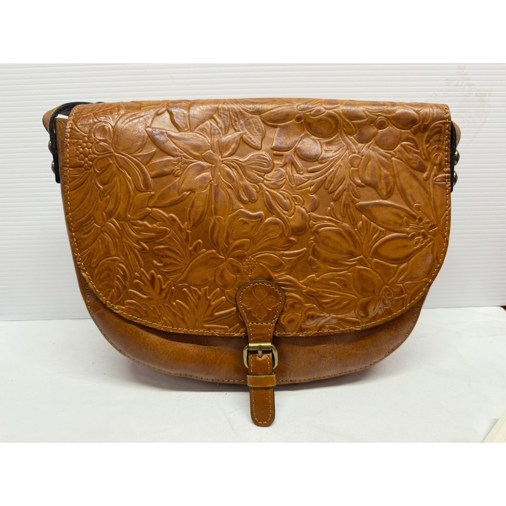 Patricia Nash ROSOLINI Leather Saddle Bag Satchel Crossbody~TOOLED TAN BROWN